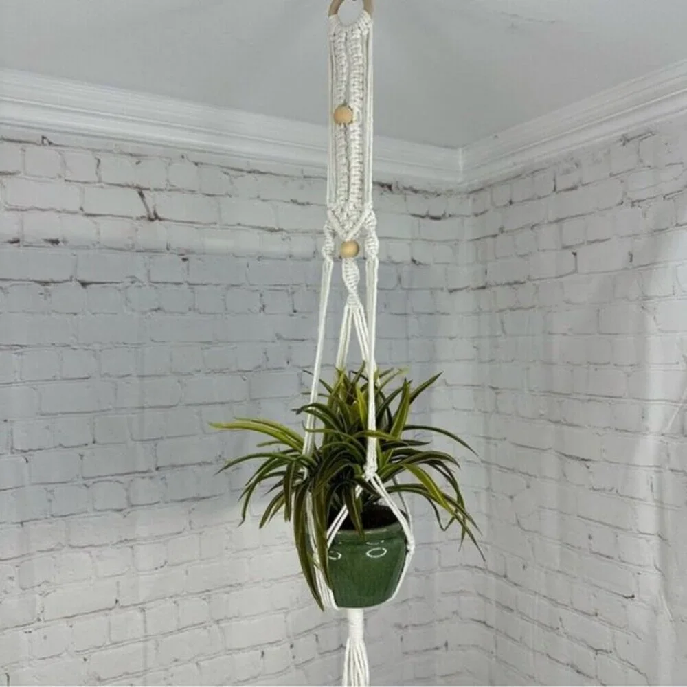 Set of 4 Macrame‎ Plant Hangers Off White Cotton Boho Beaded Indoor Outdoor NEW